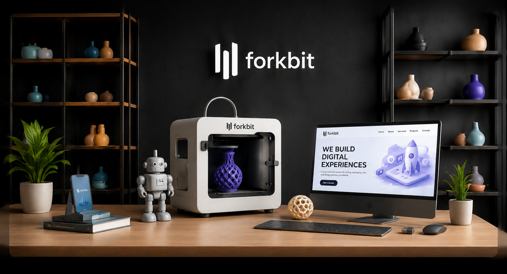Forkbit studio with 3D printer, monitor and printed objects